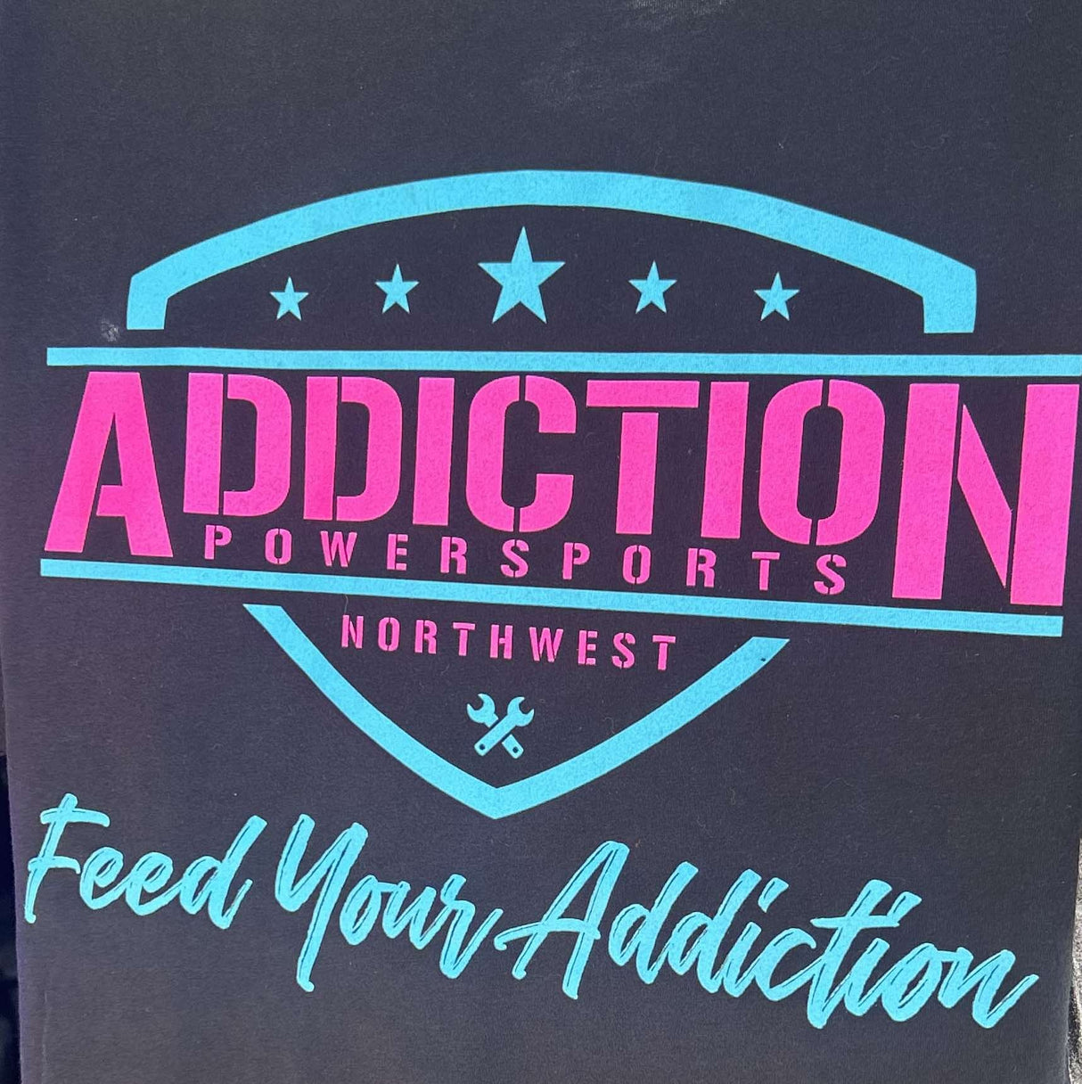 Addiction Powersports NW Pull Over Hoodie Black With Hot Pink & Blue Logo