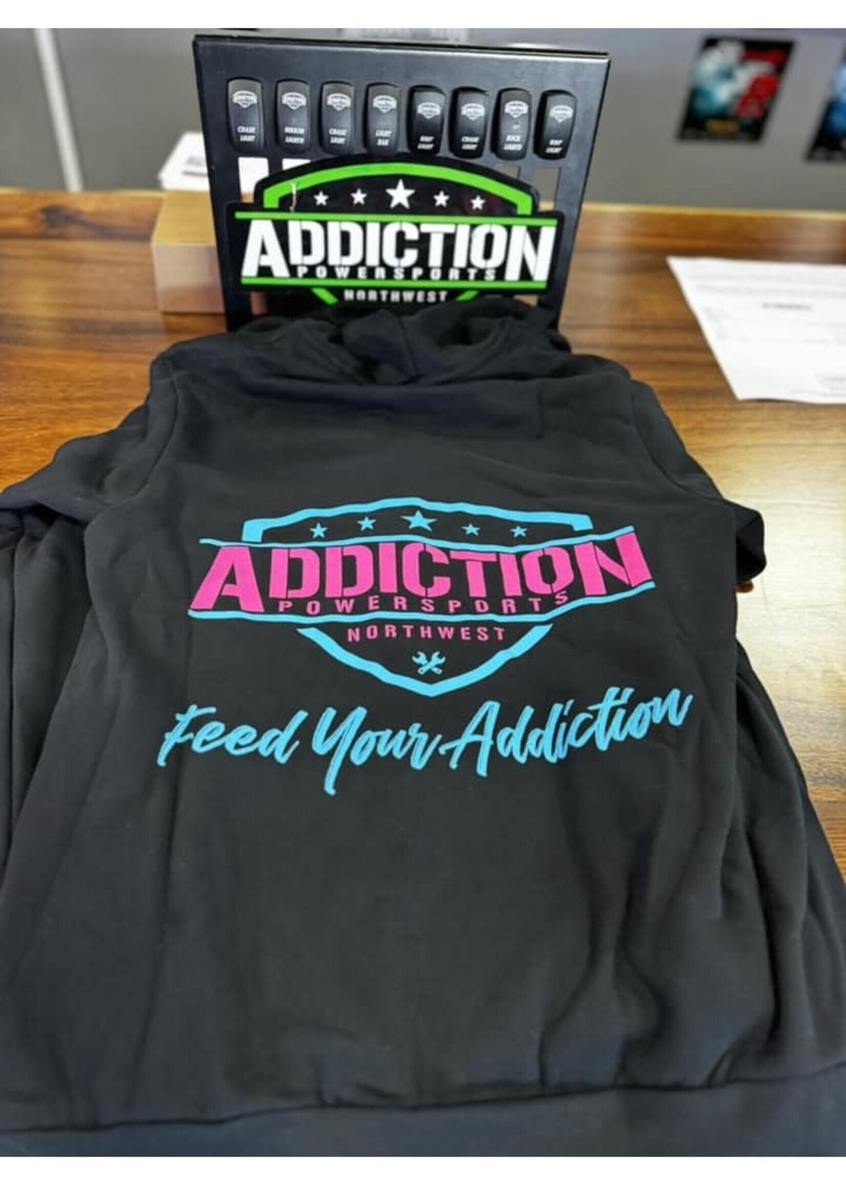 Addiction Powersports NW ZIP UP Hoodie Black with Hot Pink & Blue Logo