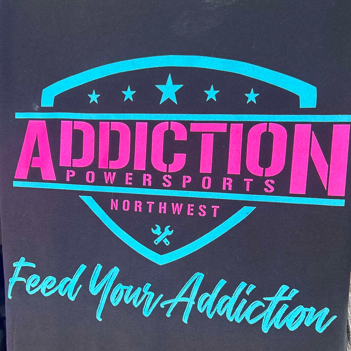 Addiction Powersports NW Pull Over Hoodie Black With Hot Pink & Blue Logo