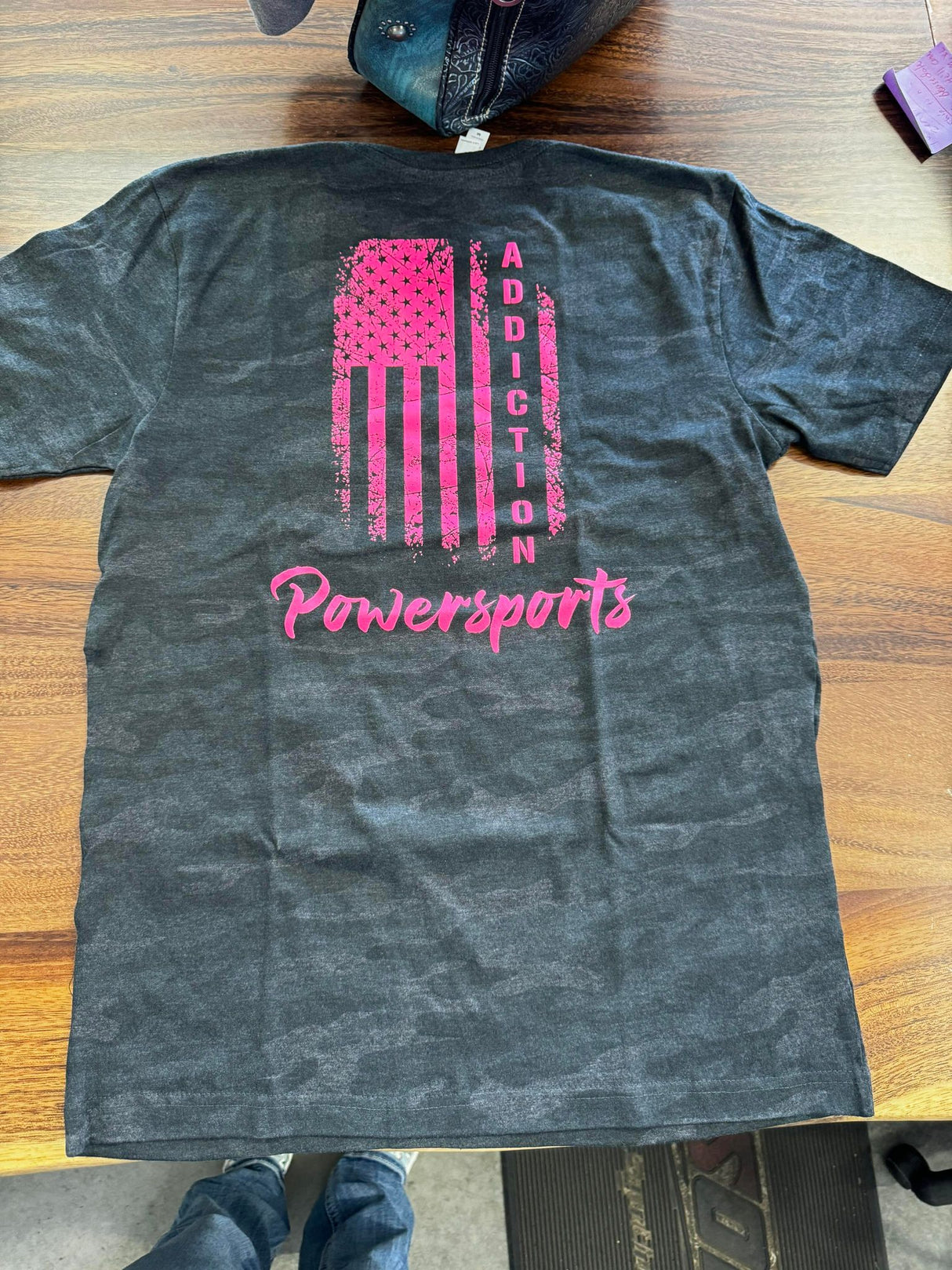 Addiction Powersports NW T-Shirt Storm Camo with Hot Pink Flag Logo