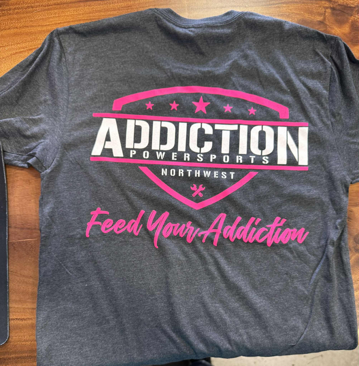Addiction Powersports NW T-Shirt Charcoal with Hot Pink Logo