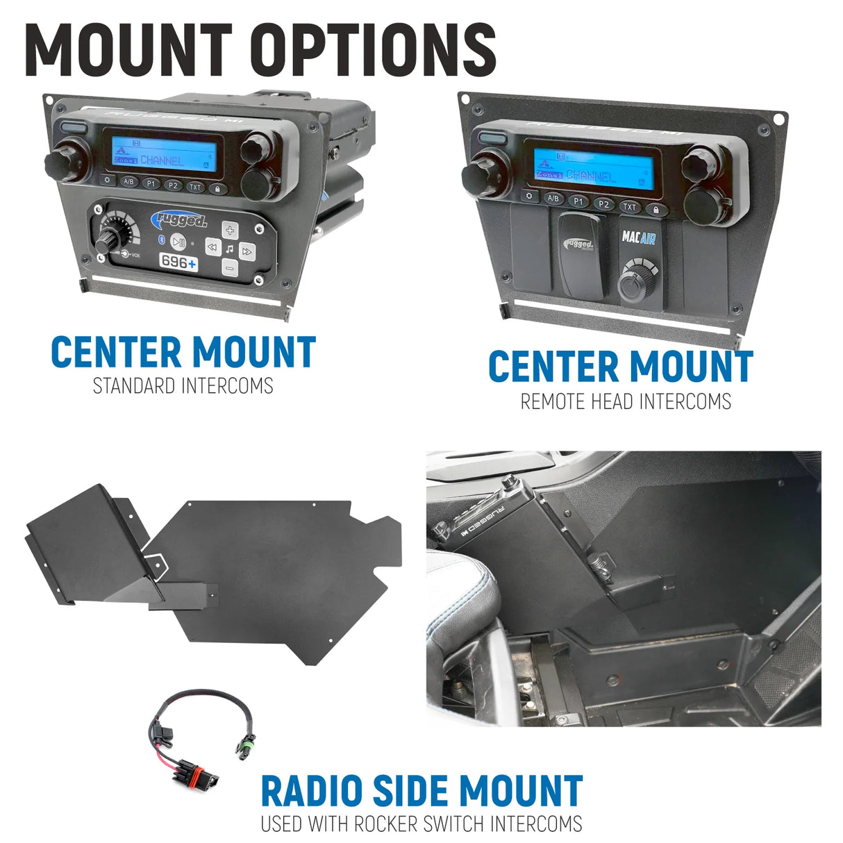 Rugged Radios Polaris RZR PRO XP - Turbo R - Pro R - Complete Communication Kit with STX Stereo Bluetooth Intercom and M1 VHF Business Band 2-Way Radio with Center Mount
