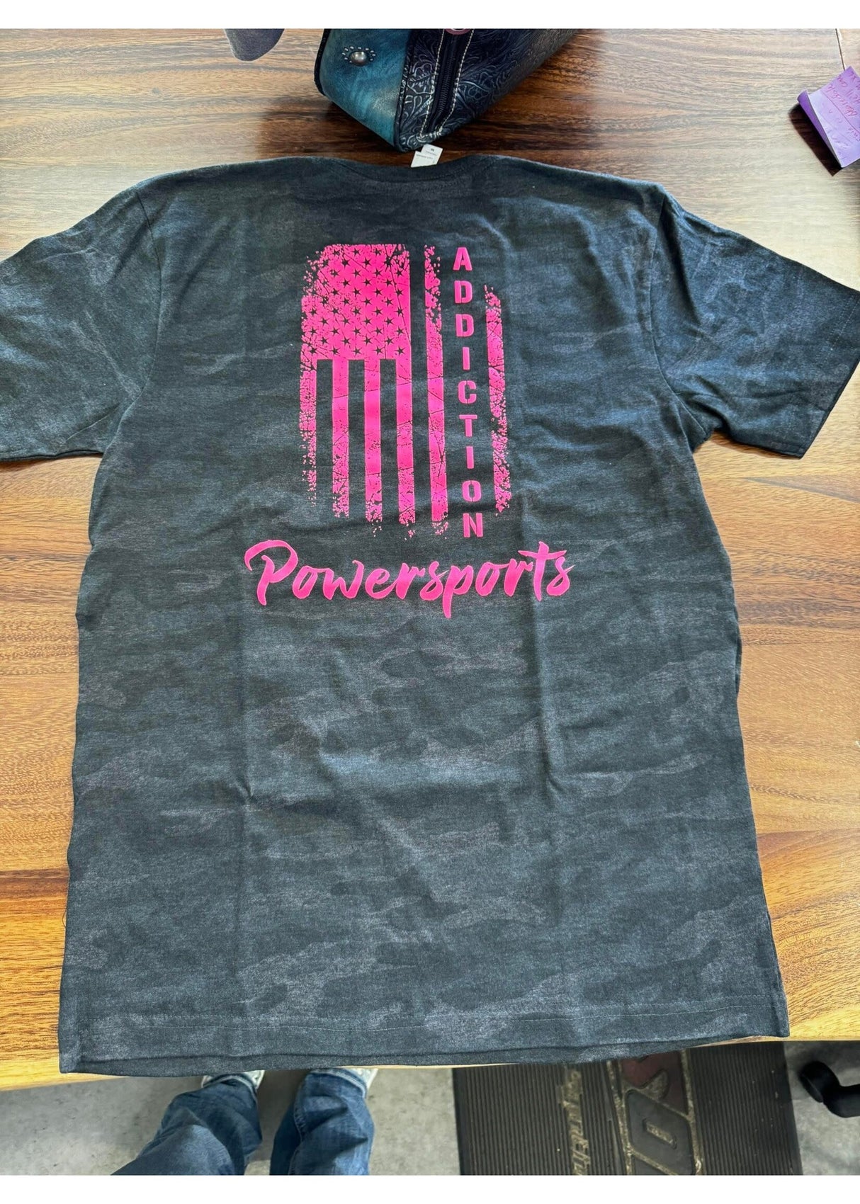 Addiction Powersports NW T-Shirt Storm Camo with Hot Pink Flag Logo