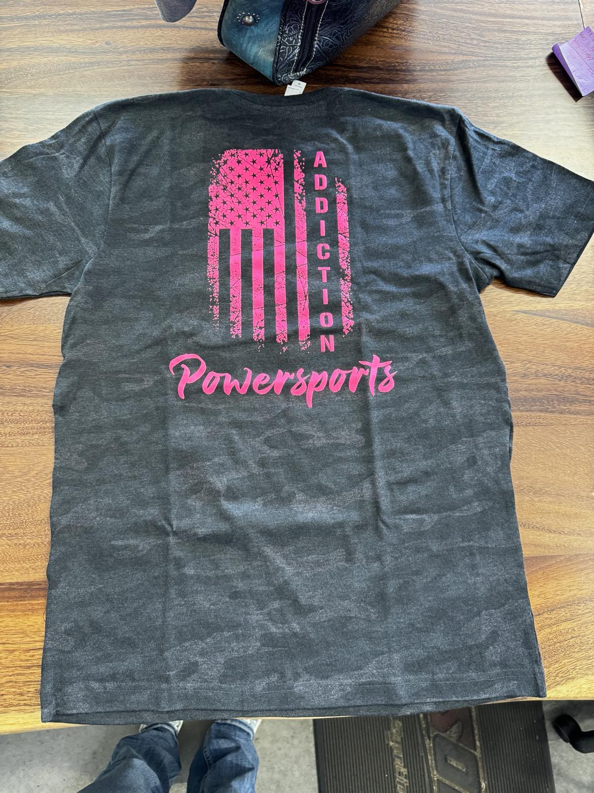 Addiction Powersports NW T-Shirt Storm Camo with Hot Pink Flag Logo